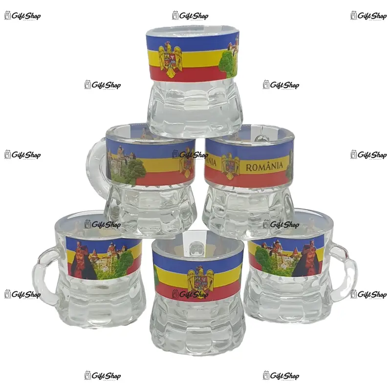 Castelul bran, vlad tepes, stema, set 6 pahare pentru lichior/snaps realizat din sticla